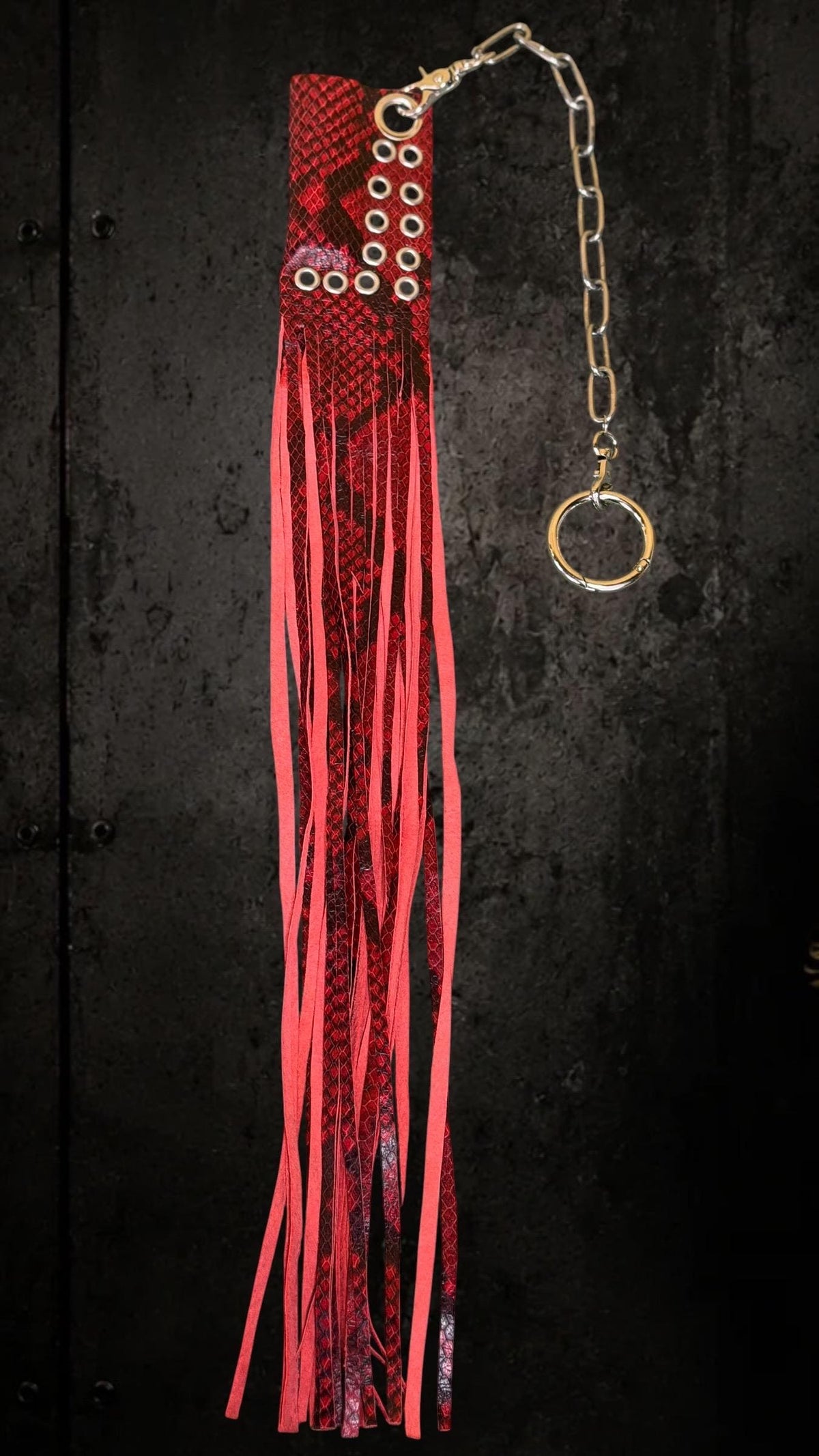 Red Genuine Leather Bag Charm Lighter Case With Long Fringe, Genuine Goat Leather with red & black snake print