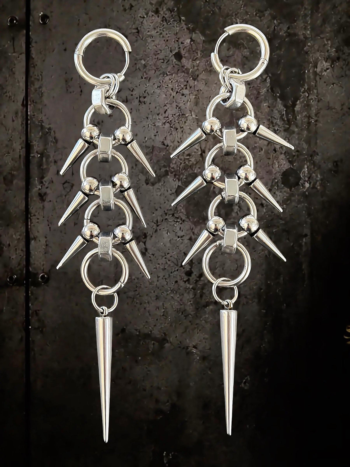 Gothic Spike Dangle Earrings, Stainless Steel Industrial Punk Jewellery, 11cm Long Drops