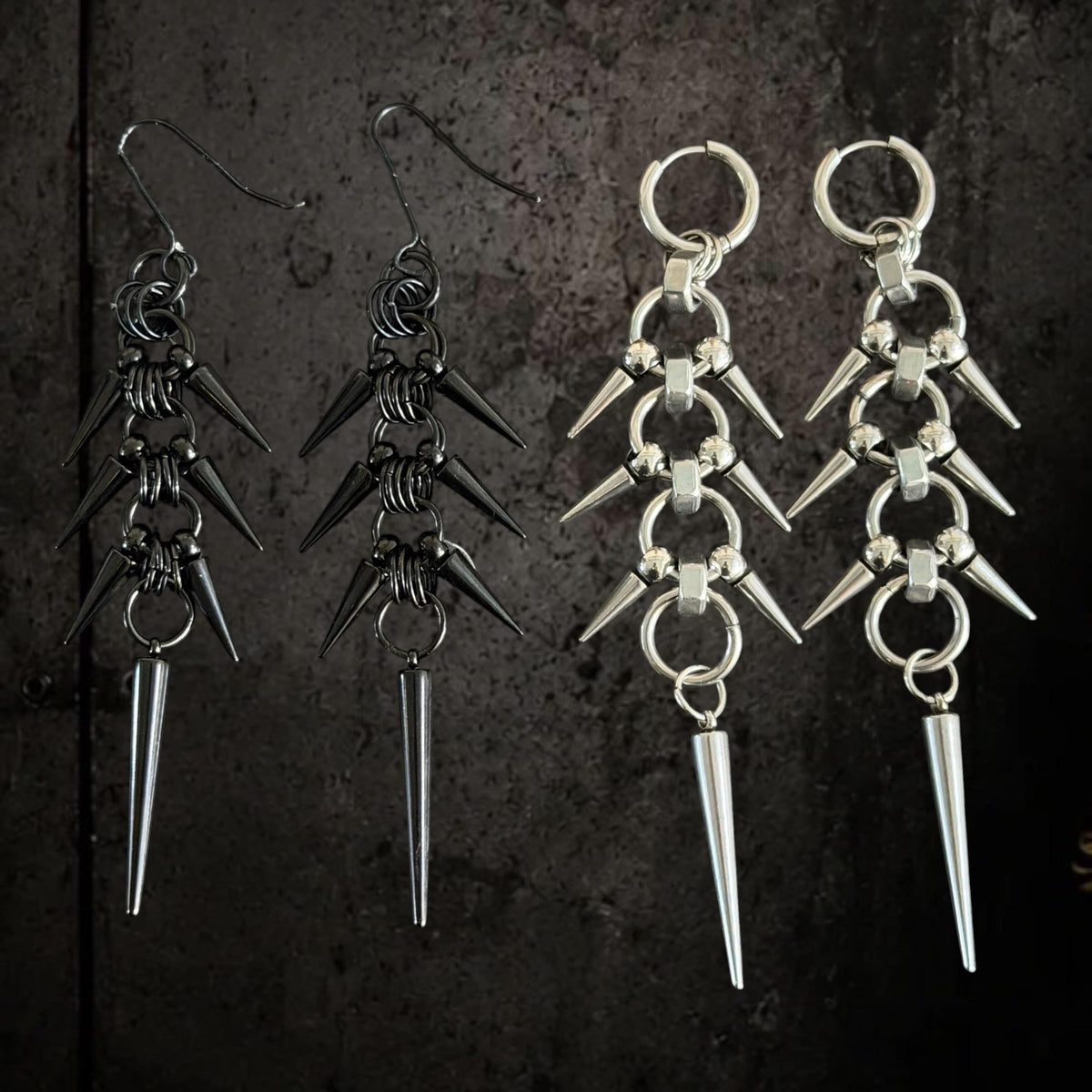 Gothic Spike Dangle Earrings, Stainless Steel Industrial Punk Jewellery, 11cm Long Drops