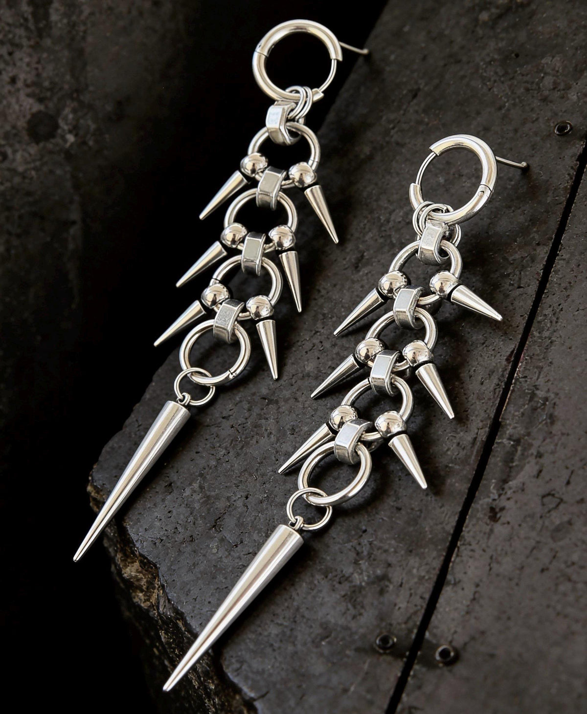 Gothic Spike Dangle Earrings, Stainless Steel Industrial Punk Jewellery, 11cm Long Drops