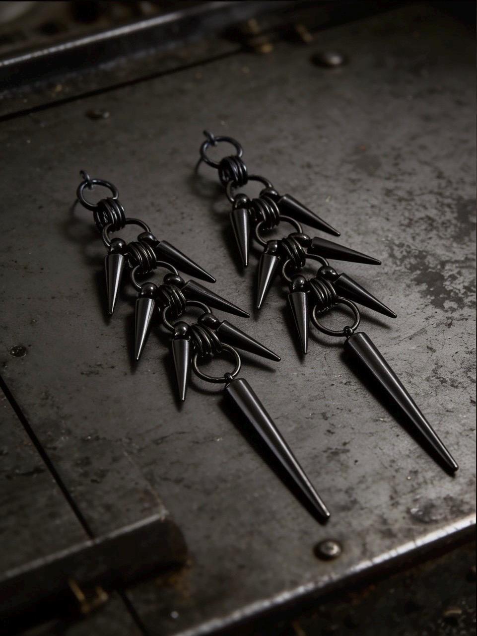 Black Stainless Steel Spike Dangle Earrings – Spine Design - Gothic Industrial Punk Jewellery (10cm)