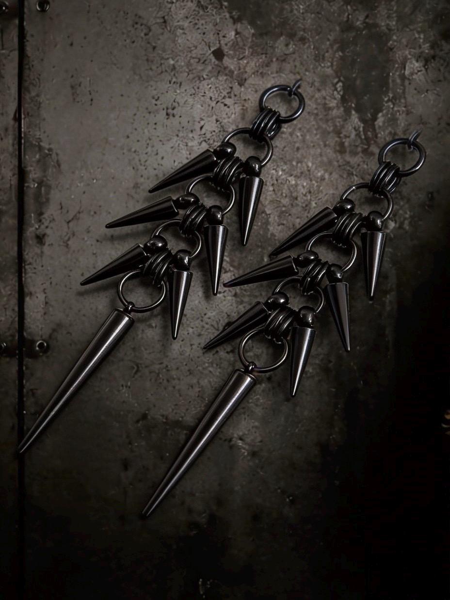 Black Stainless Steel Spike Dangle Earrings – Spine Design - Gothic Industrial Punk Jewellery (10cm)