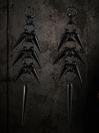 Black Stainless Steel Spike Dangle Earrings – Spine Design - Gothic Industrial Punk Jewellery (10cm)