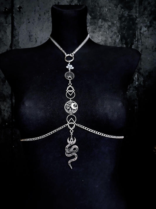 Gothic Snake Body Chain, Six Celestial Charms, Stainless Steel Waist Harness
