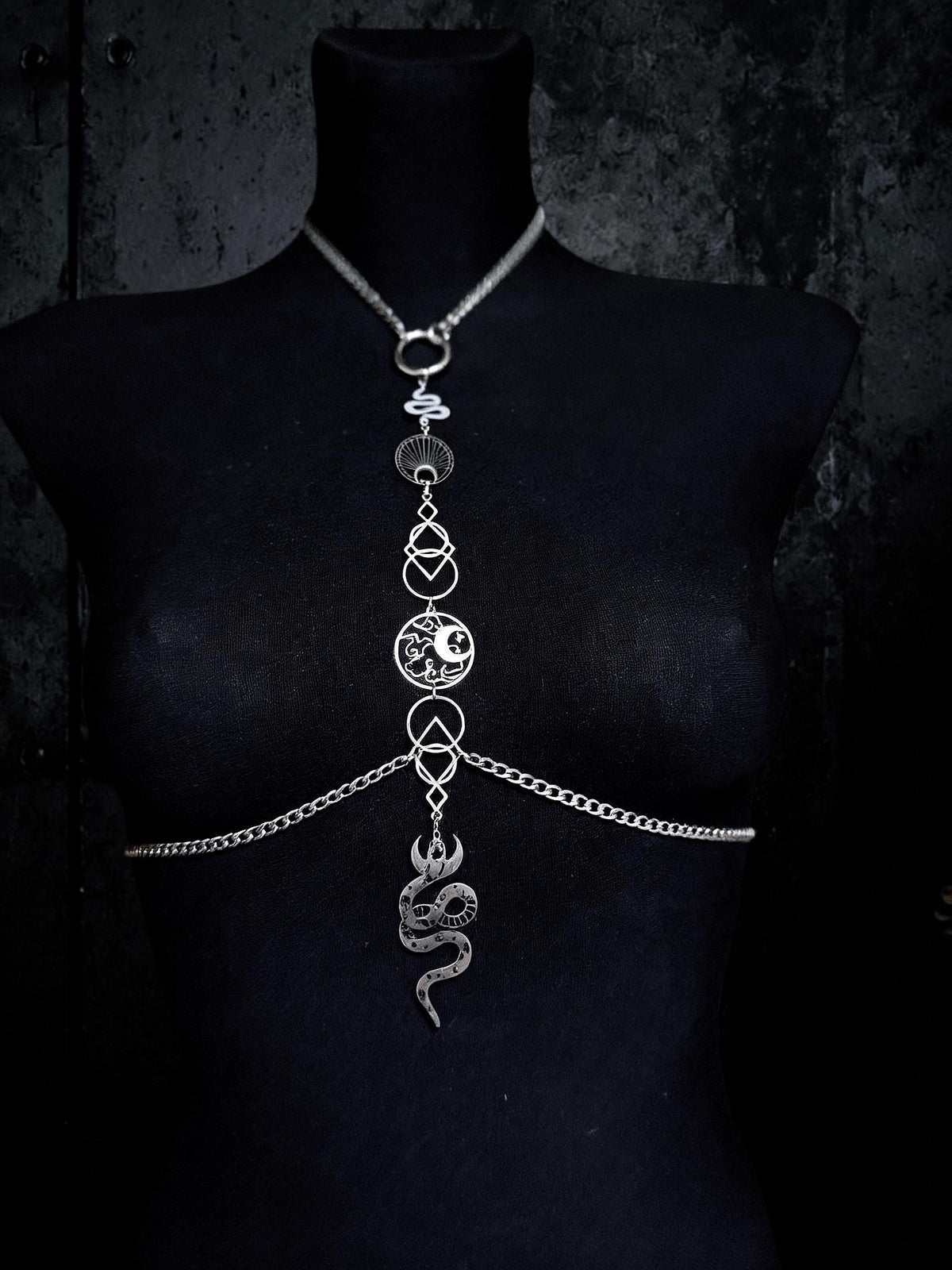 Gothic Snake Body Chain, Six Celestial Charms, Stainless Steel Waist Harness