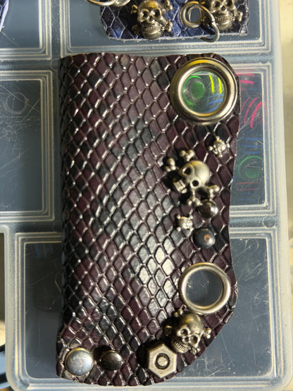 Leather lighter case with chain, Dark red and black python print, Clip-on holder for belts and bags