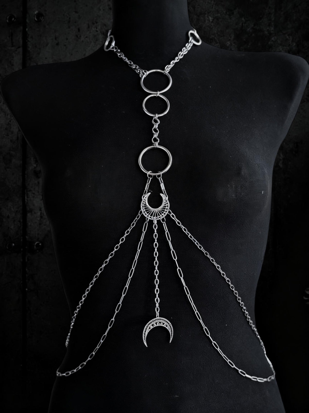 Moon body chain harness, Symbol Jewelry for Gothic Festivals, Alternative Fashion with Layered Metal