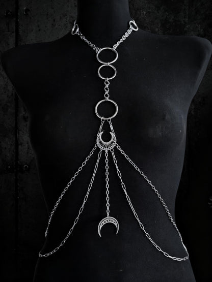 Moon body chain harness, Symbol Jewelry for Gothic Festivals, Alternative Fashion with Layered Metal