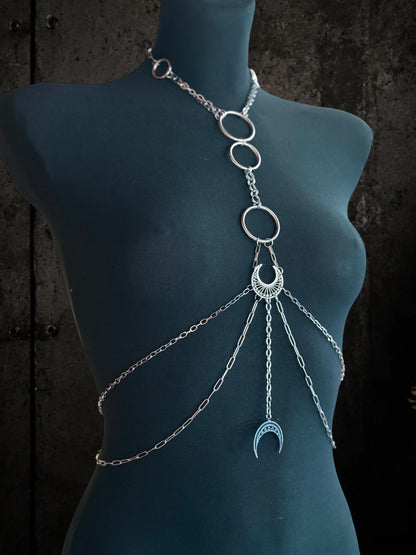 Moon body chain harness, Symbol Jewelry for Gothic Festivals, Alternative Fashion with Layered Metal