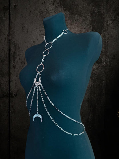 Moon body chain harness, Symbol Jewelry for Gothic Festivals, Alternative Fashion with Layered Metal