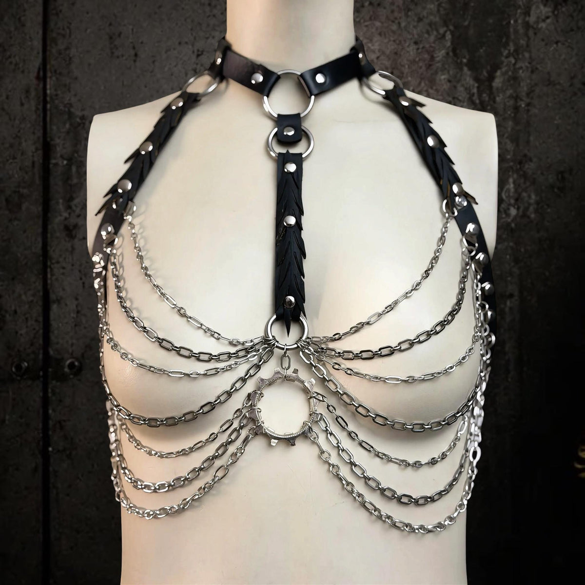 Gothic chain body harness, Reclaimed Rubber and Stainless Steel, Industrial Rave Outfit