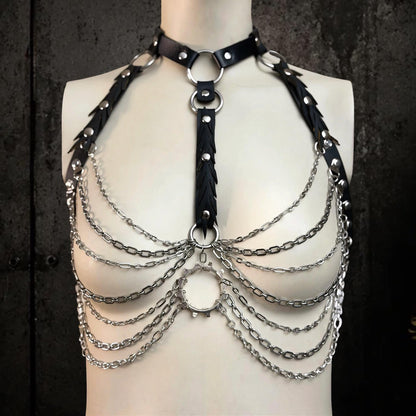 Gothic chain body harness, Reclaimed Rubber and Stainless Steel, Industrial Rave Outfit