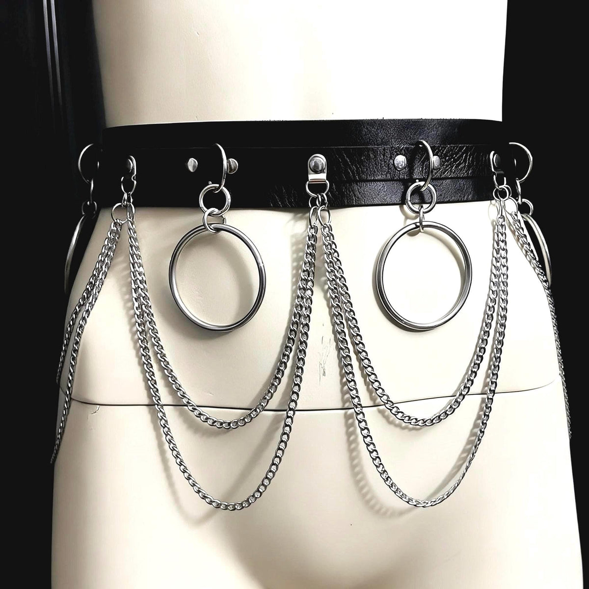 Gothic Chain Belt, Upcycled Faux Leather, Stainless Steel O-Rings