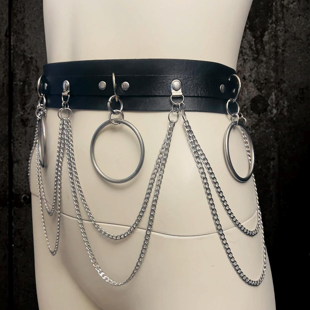 Gothic Chain Belt, Upcycled Faux Leather, Stainless Steel O-Rings
