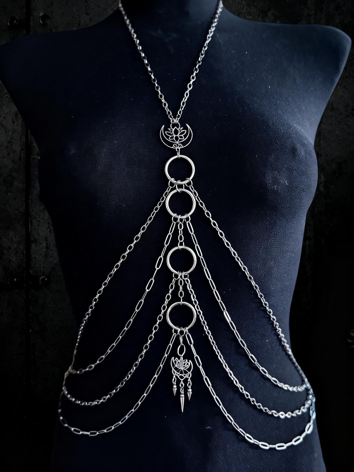 Moon Lotus Flower Body Chain | Stainless Steel Celestial Chest Harness Necklace