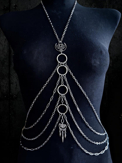 Moon Lotus Flower Body Chain | Stainless Steel Celestial Chest Harness Necklace