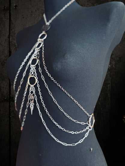 Moon Lotus Flower Body Chain | Stainless Steel Celestial Chest Harness Necklace