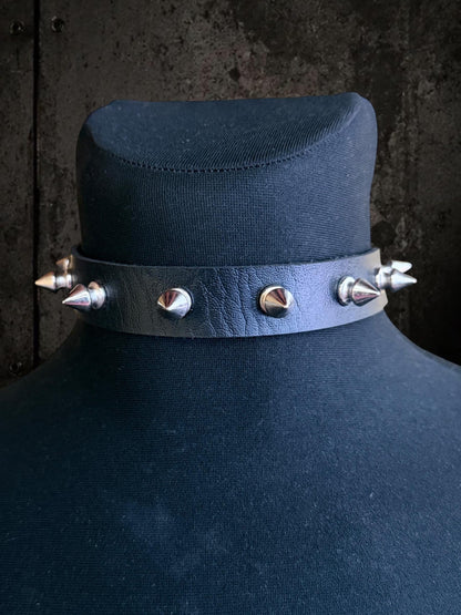 Spiked Leather Choker, Black Punk Collar, Stainless Steel Hardware, Classic Spikes or Studs