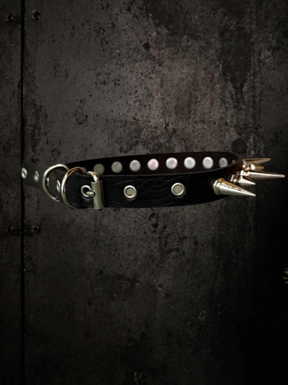 Black Spiked Choker, Genuine Leather Punk Accessory, Asymmetric Metal Hardware