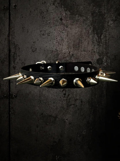 Black Spiked Choker, Genuine Leather Punk Accessory, Asymmetric Metal Hardware