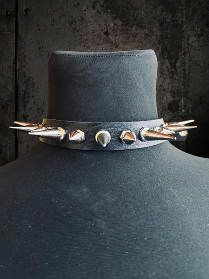 Black Spiked Choker, Genuine Leather Punk Accessory, Asymmetric Metal Hardware