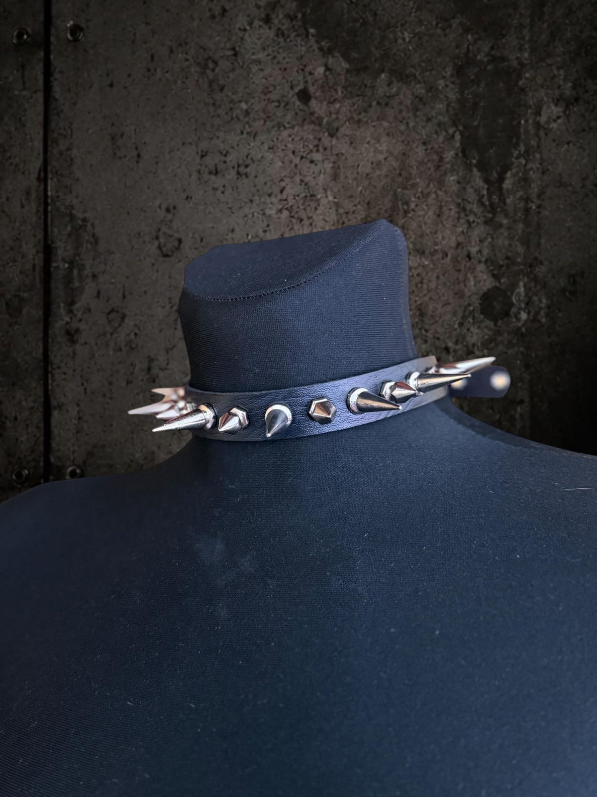 Black Spiked Choker, Genuine Leather Punk Accessory, Asymmetric Metal Hardware