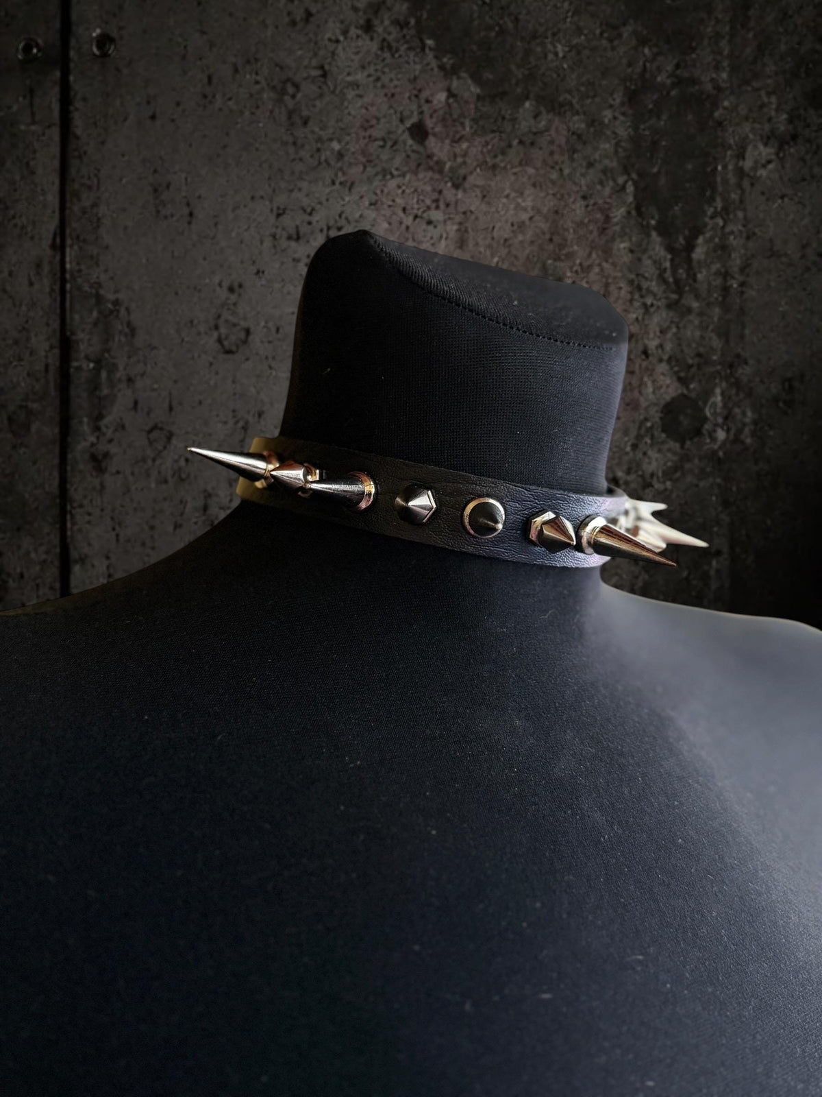 Black Spiked Choker, Genuine Leather Punk Accessory, Asymmetric Metal Hardware