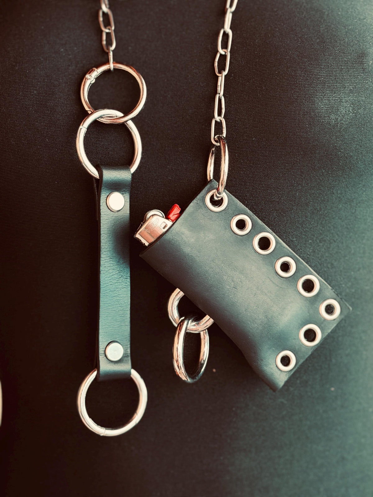 Leather lighter holder keychain, Handmade O-Ring Bag Charm with Long Chain, Gothic accessories