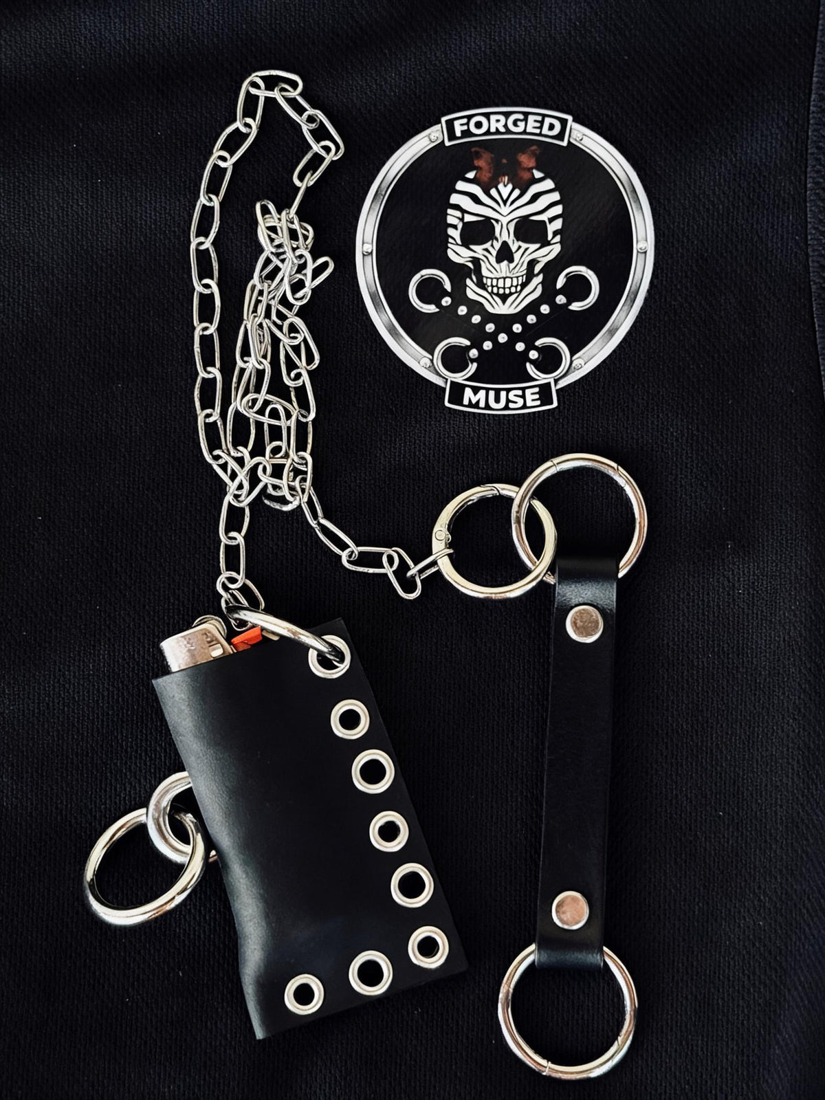 Leather lighter holder keychain, Handmade O-Ring Bag Charm with Long Chain, Gothic accessories