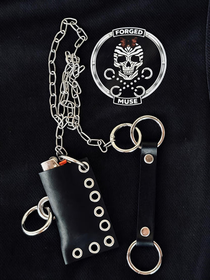 Leather lighter holder keychain, Handmade O-Ring Bag Charm with Long Chain, Gothic accessories