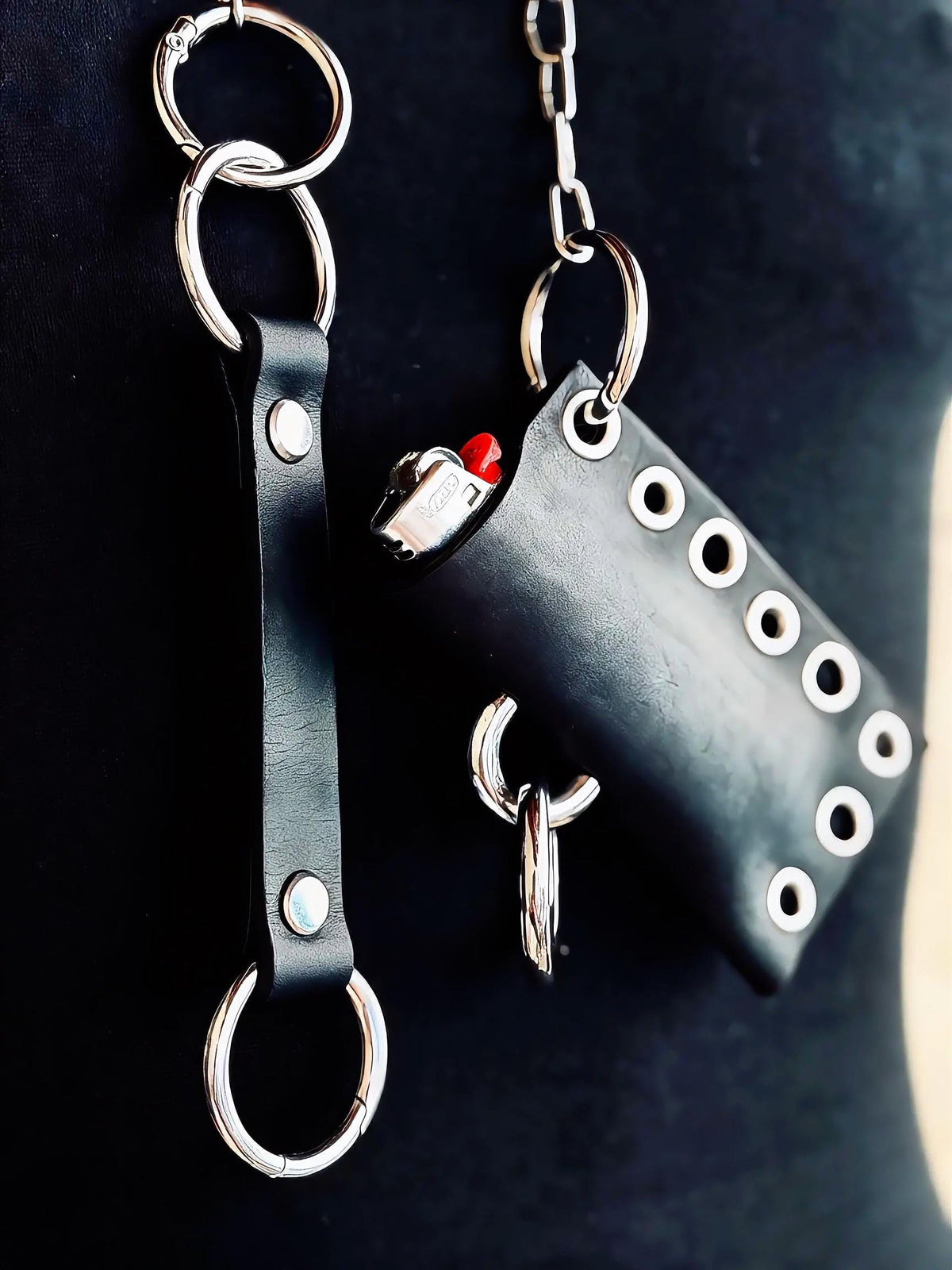 Leather lighter holder keychain, Handmade O-Ring Bag Charm with Long Chain, Gothic accessories