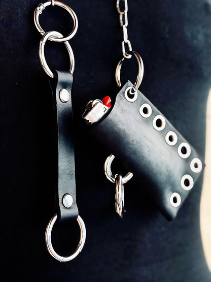 Leather lighter holder keychain, Handmade O-Ring Bag Charm with Long Chain, Gothic accessories