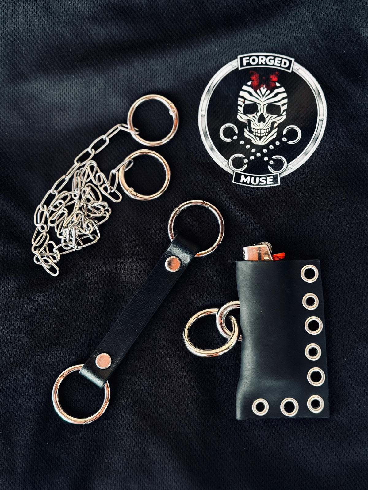Leather lighter holder keychain, Handmade O-Ring Bag Charm with Long Chain, Gothic accessories