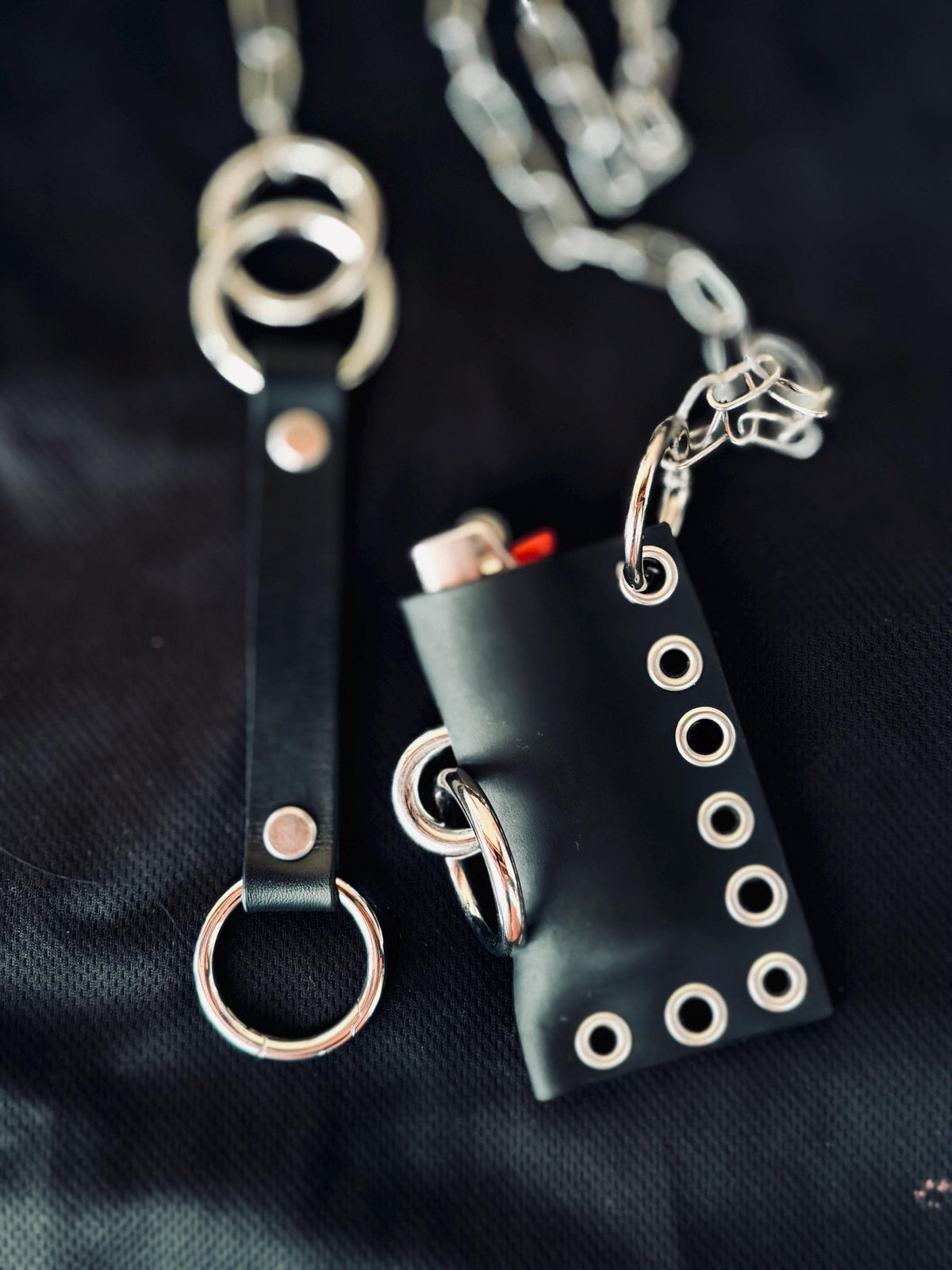 Leather lighter holder keychain, Handmade O-Ring Bag Charm with Long Chain, Gothic accessories