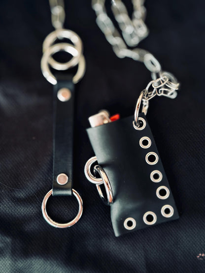 Leather lighter holder keychain, Handmade O-Ring Bag Charm with Long Chain, Gothic accessories