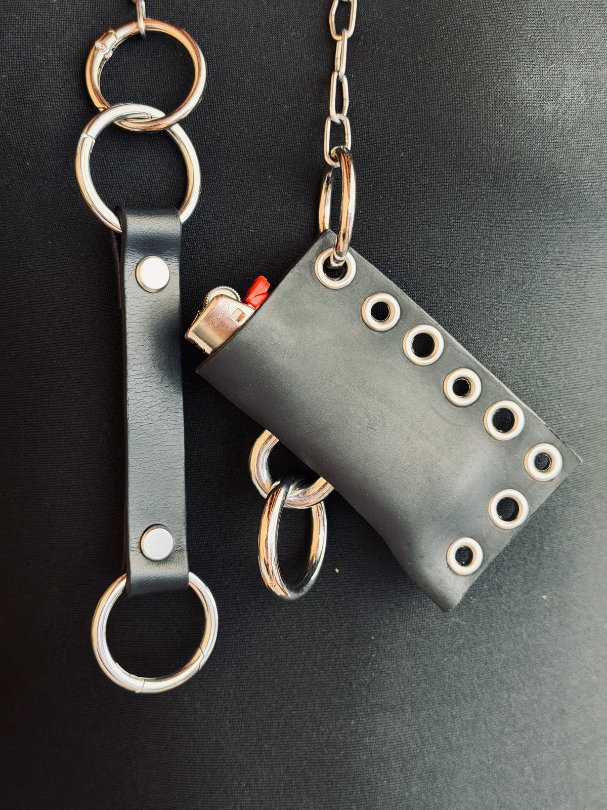 Leather lighter holder keychain, Handmade O-Ring Bag Charm with Long Chain, Gothic accessories