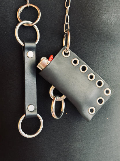 Leather lighter holder keychain, Handmade O-Ring Bag Charm with Long Chain, Gothic accessories