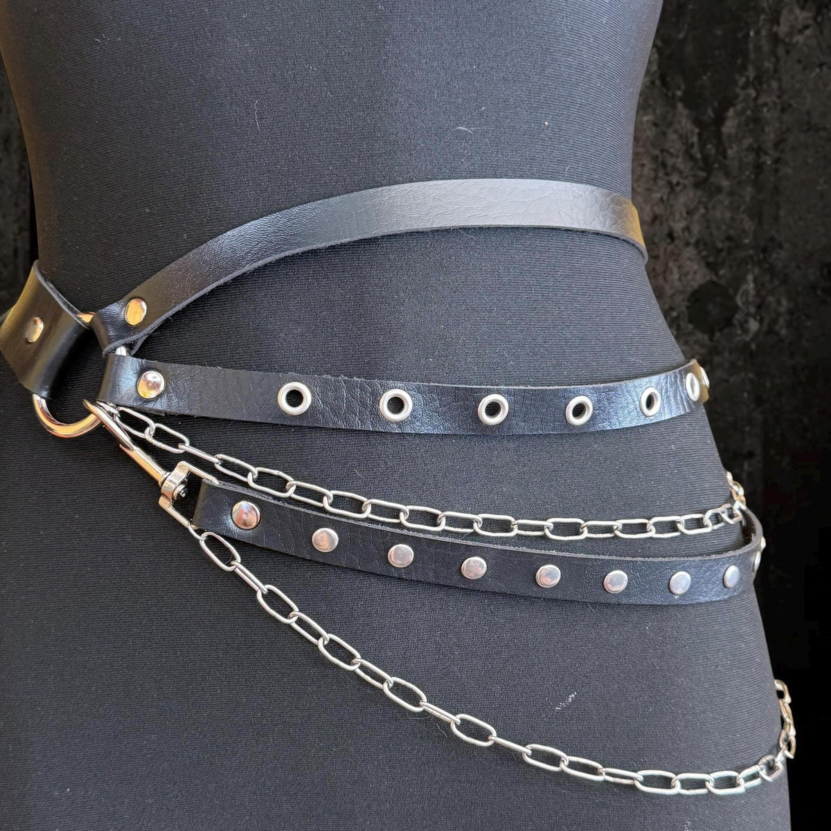 Leather Chain Waist Belt, Modular Asymmetric Fashion, Detachable O-Rings with Stainless Steel Hardware