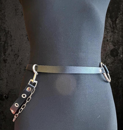 Leather Chain Waist Belt, Modular Asymmetric Fashion, Detachable O-Rings with Stainless Steel Hardware