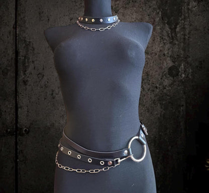 Leather Chain Waist Belt, Modular Asymmetric Fashion, Detachable O-Rings with Stainless Steel Hardware