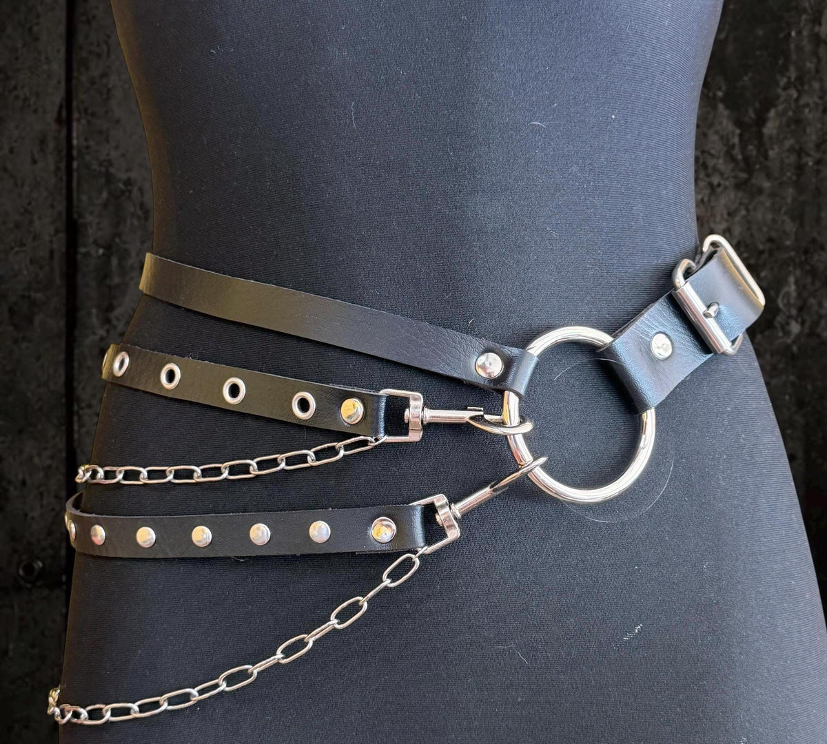 Leather Chain Waist Belt, Modular Asymmetric Fashion, Detachable O-Rings with Stainless Steel Hardware