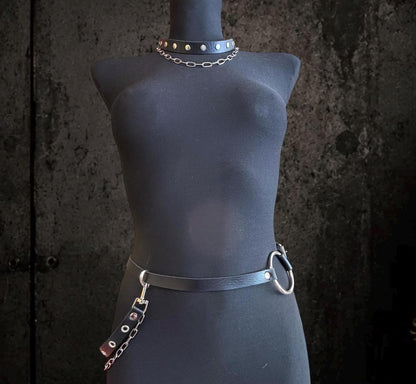 Leather Chain Waist Belt, Modular Asymmetric Fashion, Detachable O-Rings with Stainless Steel Hardware