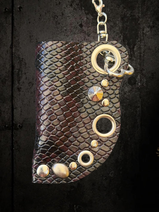 Leather lighter case with chain, Dark red and black python print, Clip-on holder for belts and bags
