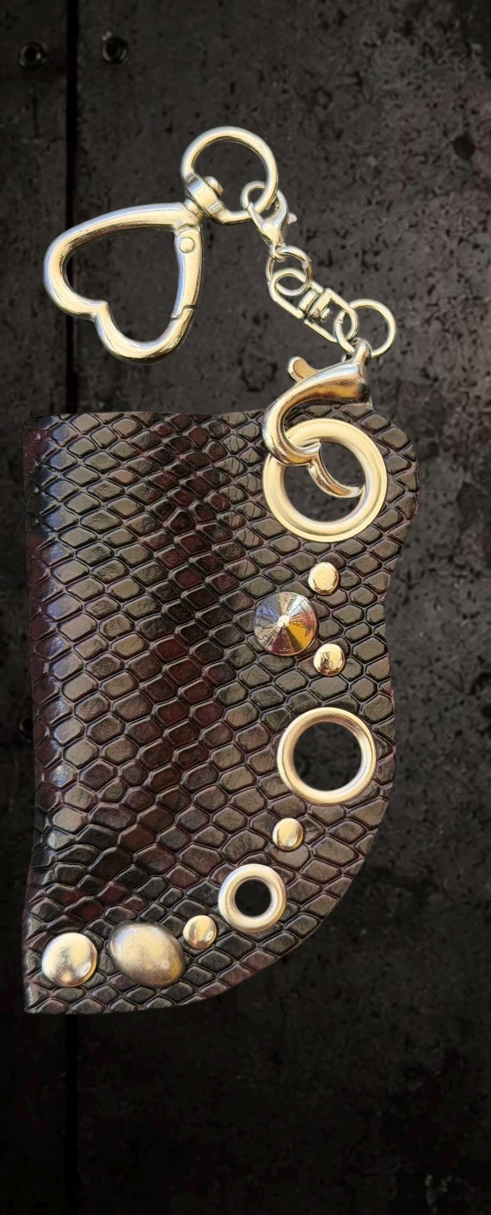Leather lighter case with chain, Dark red and black python print, Clip-on holder for belts and bags