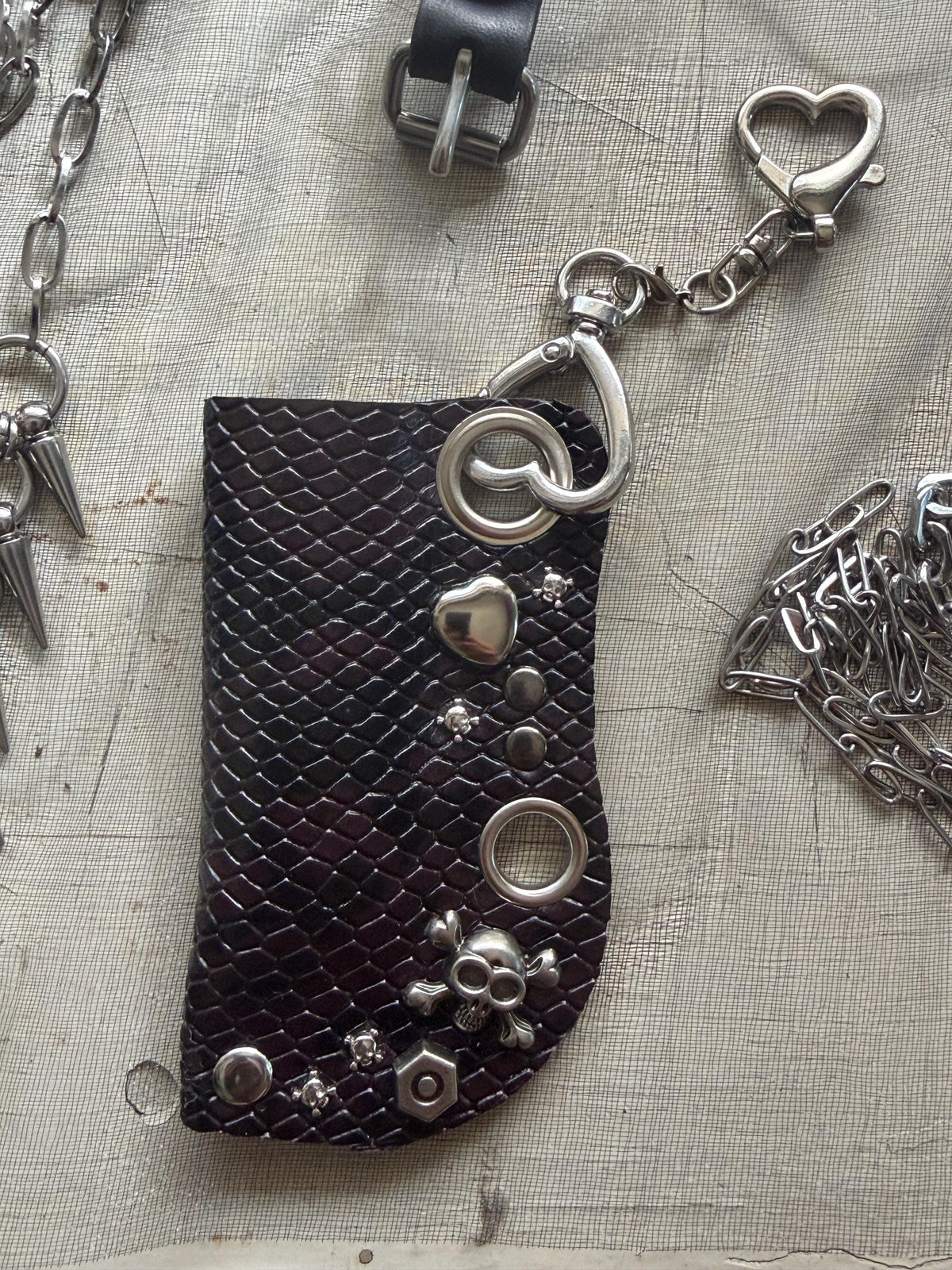 Leather lighter case with chain, Dark red and black python print, Clip-on holder for belts and bags