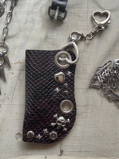 Leather lighter case with chain, Dark red and black python print, Clip-on holder for belts and bags
