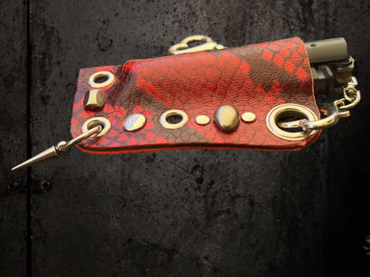 Red Snakeskin Lighter Holder Keychain – Handmade Genuine Leather Sleeve with Skull Charm | Festival Accessory | Bag Charm
