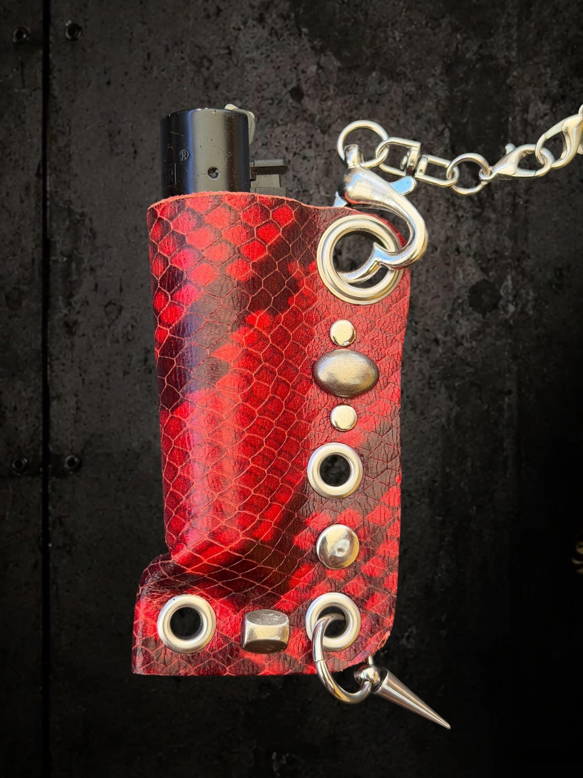 Red Snakeskin Lighter Holder Keychain – Handmade Genuine Leather Sleeve with Skull Charm | Festival Accessory | Bag Charm