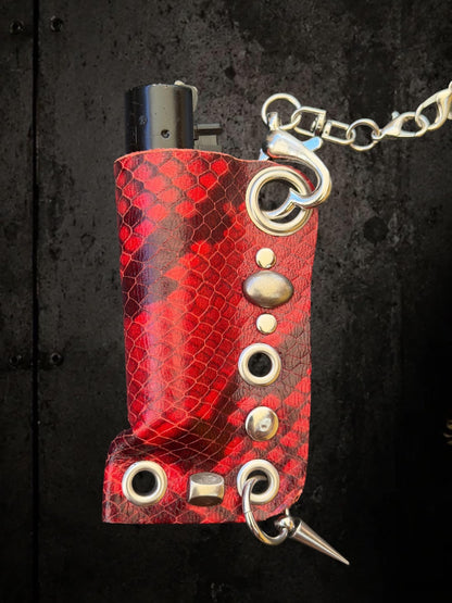 Red Snakeskin Lighter Holder Keychain – Handmade Genuine Leather Sleeve with Skull Charm | Festival Accessory | Bag Charm