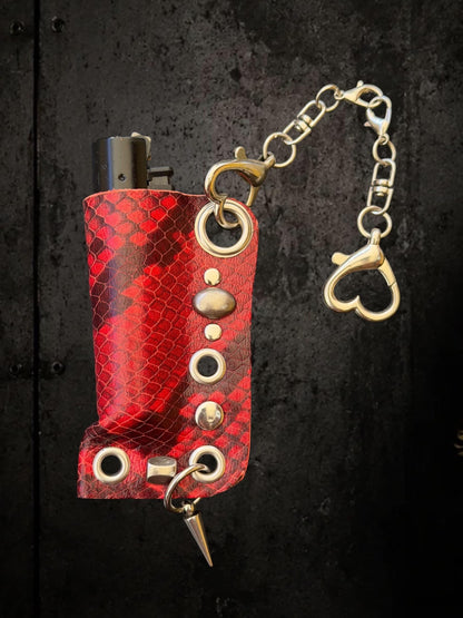 Red Snakeskin Lighter Holder Keychain – Handmade Genuine Leather Sleeve with Skull Charm | Festival Accessory | Bag Charm